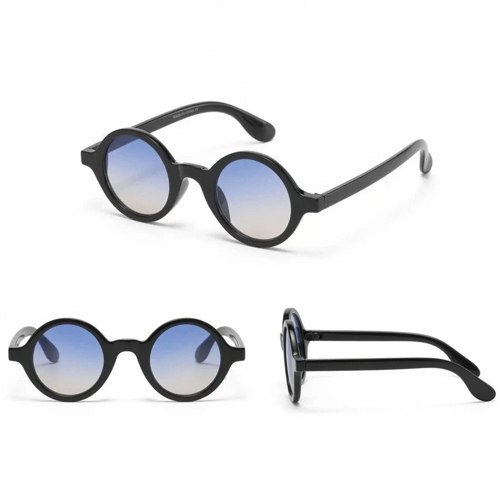 Mens Black Round Sunglasses Blue Lens Retro Circular Frame Shades Hip Hop Classy